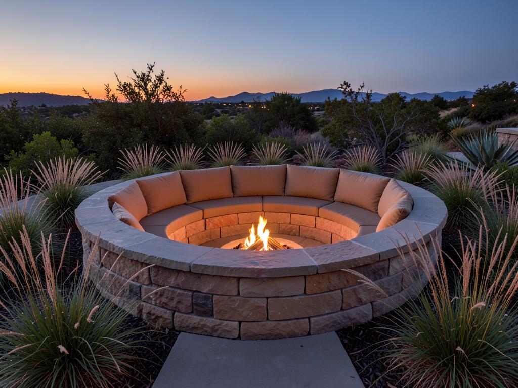 Stone fire pit with curved seating at dusk