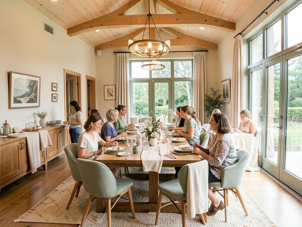 Communal dining room with long table