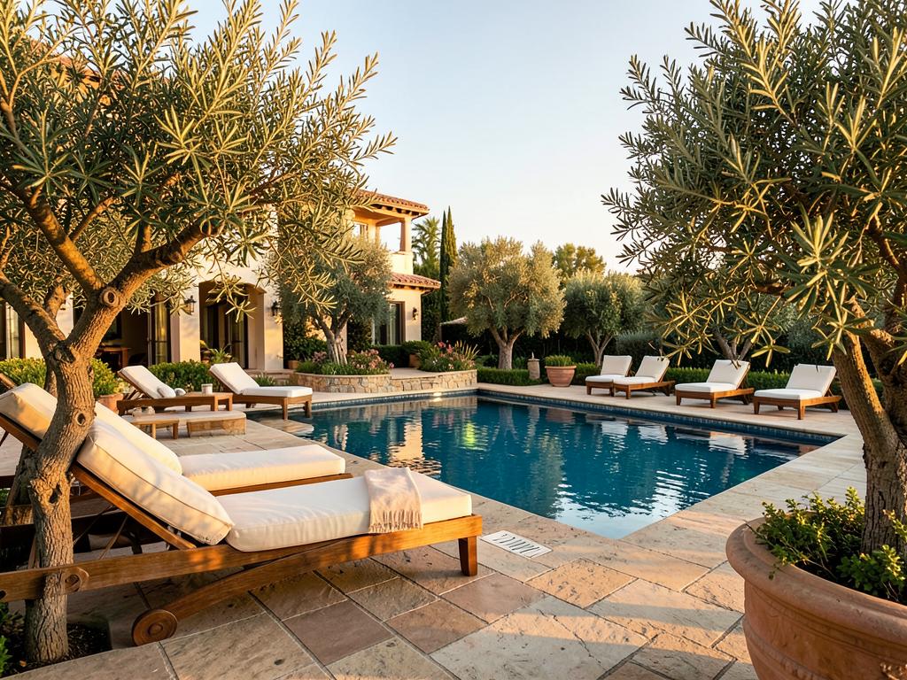 Pool surrounded by olive trees and lounge chairs