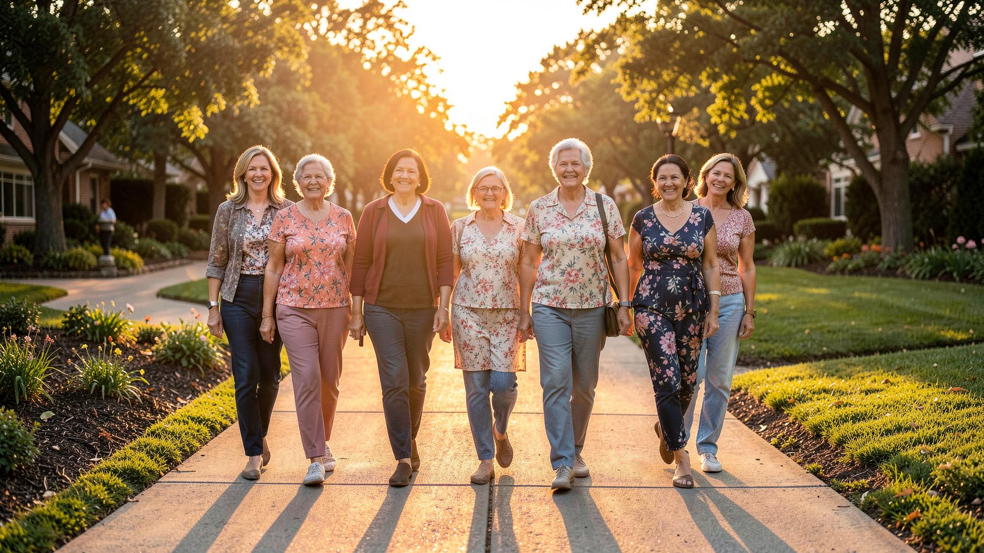 A group of women walking together along a community path at sunset