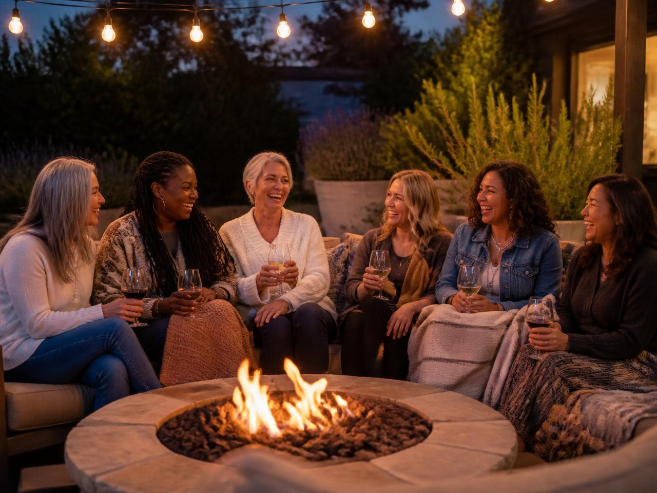 A diverse group of women in their 40s to 70s laughing together around an outdoor fire pit at dusk