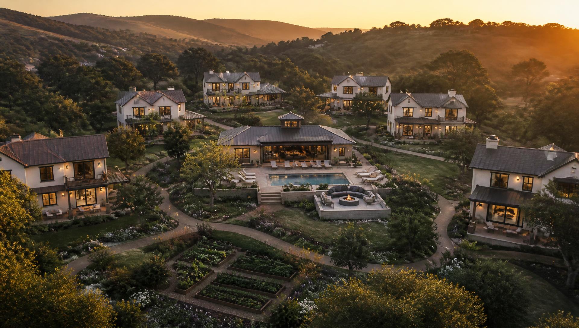 Golden-hour view of the Her Place community: private homes, gardens, walking paths and a central wellness building on five acres