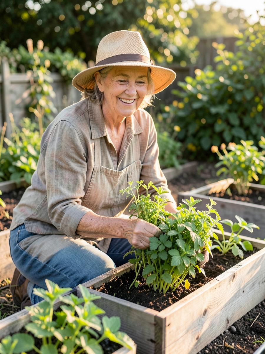 A woman planting herbs in a raised garden bed