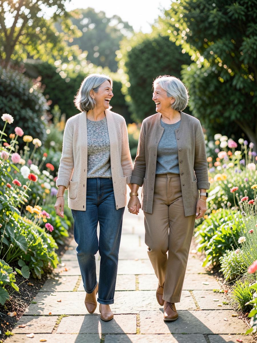 Two women walking a garden path together, laughing