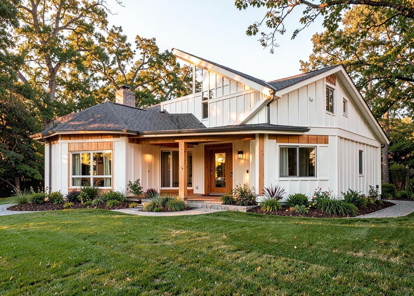 A private modern farmhouse home at Her Place with a deep porch and landscaped half-acre lot